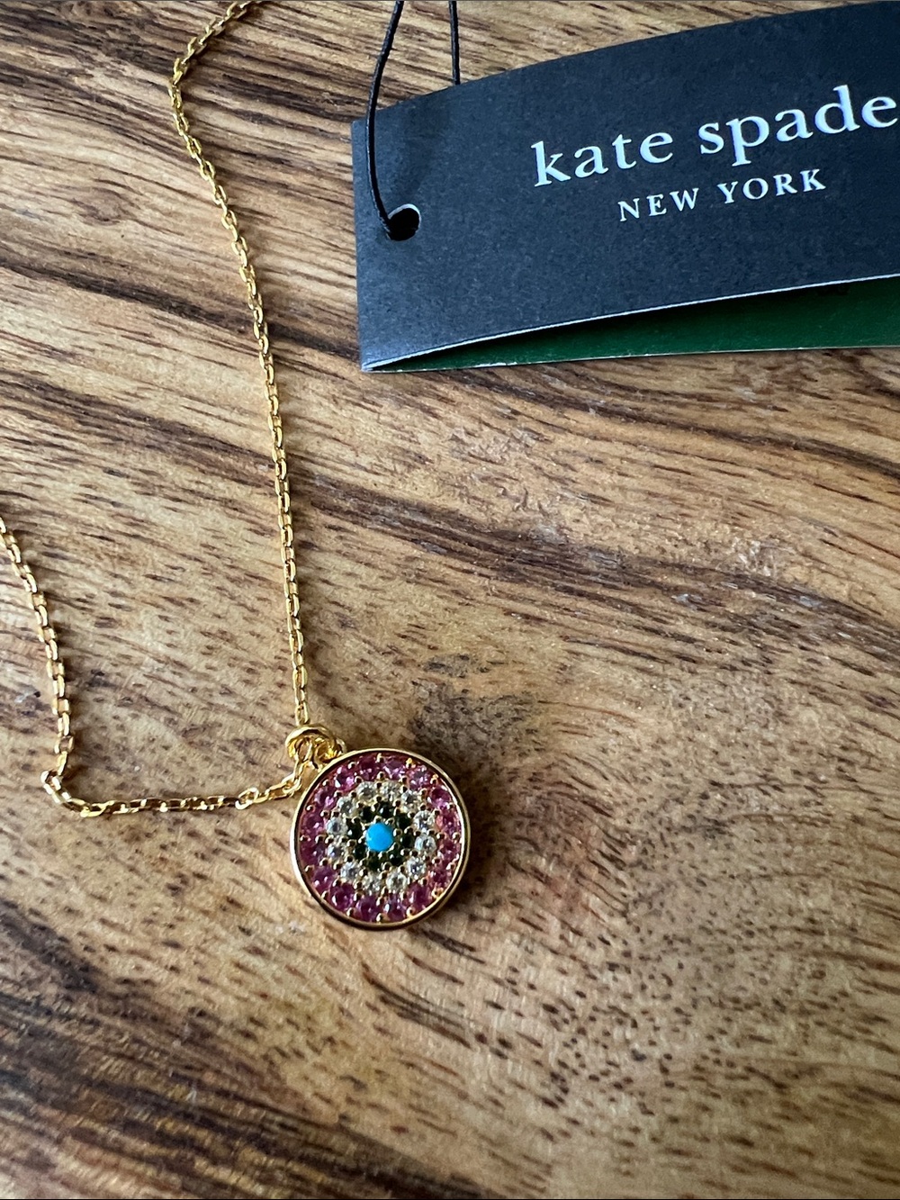 kate spade Gold Necklace with Pink and Blue Crystal Pendant